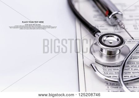 Stethoscope And syringe test medical examination, pthealthcare conce