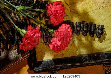 Carnations with forage-cap and ammunition belt on dark background