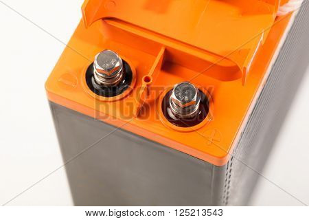 clamps of industrial lead acid battery, closeup view