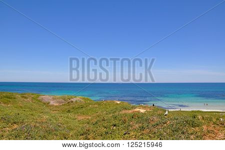 Turquoise Indian Ocean seascape with green vegetated dunes at Penguin Island in Rockingham, Western Australia.