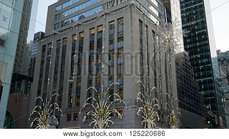 NEW YORK, NY - DEC 20: Christmas decor at Tiffany's Fifth Avenue flagship store in Manhattan, New York, as seen on Dec 20, 2015. Tiffany is renowned for its luxury goods and is particularly known for its diamond jewelry.