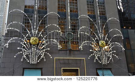 NEW YORK, NY - DEC 20: Tiffany's Fifth Avenue flagship store in Manhattan, New York, as seen on Dec 20, 2015. Tiffany is renowned for its luxury goods and is particularly known for its diamond jewelry.