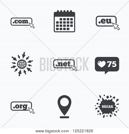Calendar, like counter and go to web icons. Top-level internet domain icons. Com, Eu, Net and Org symbols with cursor pointer. Unique DNS names. Location pointer.