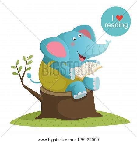 Vector illustration of cartoon elephant reading a book