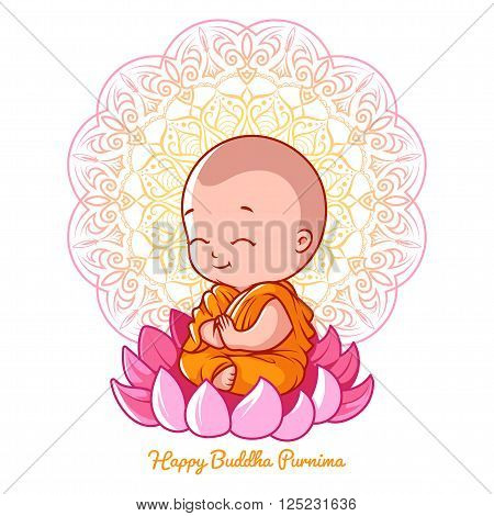 Little cartoon monk on the lotus. Greeting card for Buddha purnima. Vector illustration on a white background with mandala.
