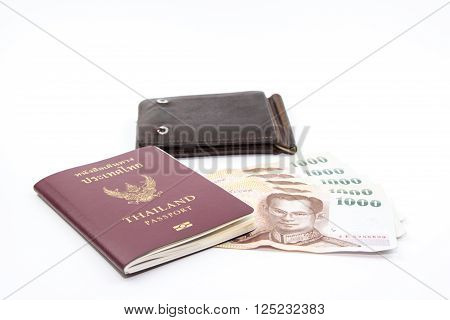 Thailand passport and Thai money and old wallet on white background.