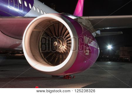 Kiev Ukraine - March 27 2011: Wizz Air Airbus A320 passenger plane engine close up view