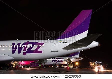 Kiev Ukraine - March 27 2011: Wizz Air Airbus A320 passenger plane tail close up view