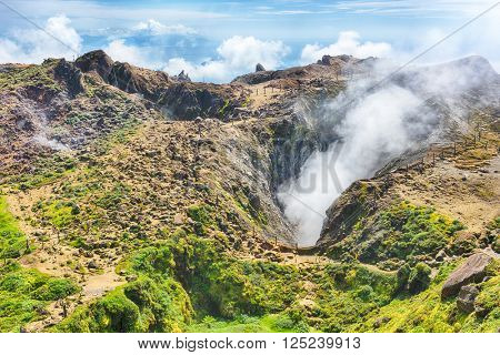 Steam rising from the crater La Soufriere volcano the highest mountain in Guadeloupe, French department in Caribbean