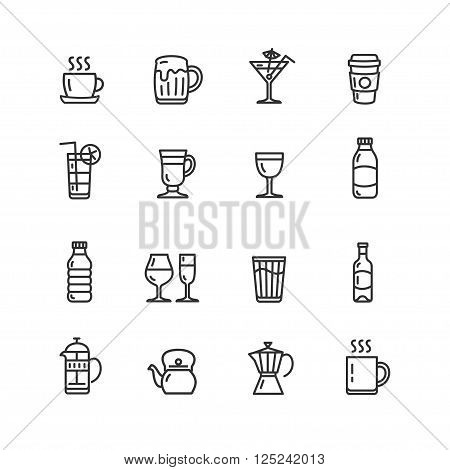 Drink Alcohol Beverage and Coffee Tea Outline Icons. Vector illustration