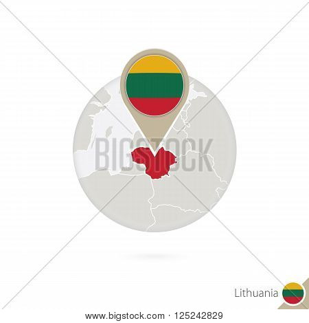 Lithuania Map And Flag In Circle. Map Of Lithuania, Lithuania Flag Pin. Map Of Lithuania In The Styl