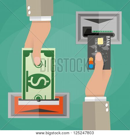 ATM terminal usage concept. One hand inserts a credit card into ATM and another hand takes the money from the ATM.  vector illustration in flat design on green background