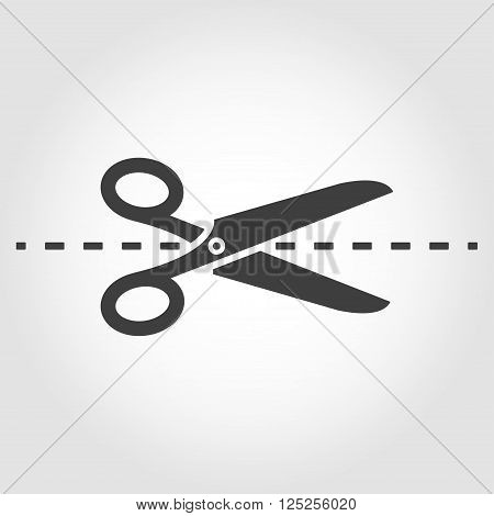 Vector black scissorsicon with cut line icon isolated on grey background