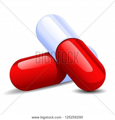 illustration of two colored realistic piil which divided on first half red color and second half on white color on white background with shadows