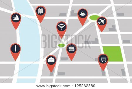 Vector city map with red pin points