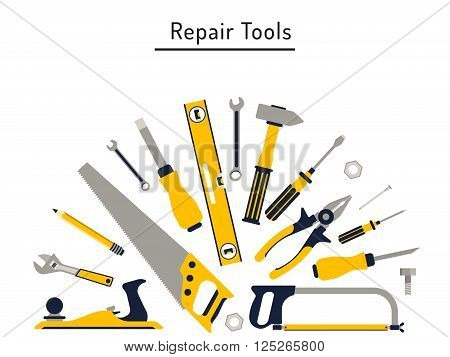 Construction repair tools flat icon set. Tools like hammer axe ruler hatchet home repair. Isolated tools flat set.