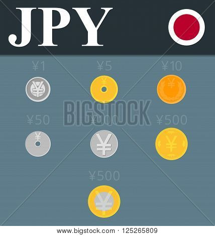 Yen coins set isolated on background. Abstract illustration.