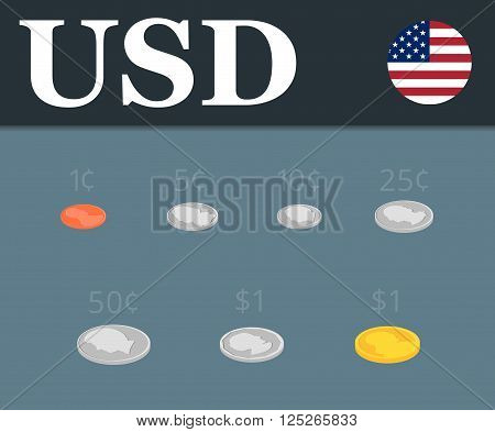 Dollar coins set isolated on background. Abstract illustration.