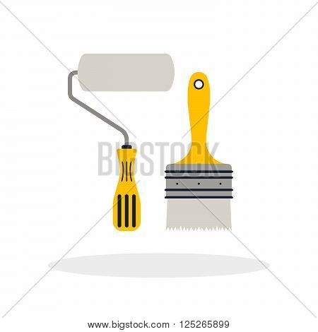 Construction repair tools paint brush and roller flat. Tools like paint brush and roller hatchet home repair. Isolated tools flat set.