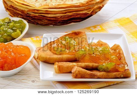 Pancakes with jam and cup of tea.
