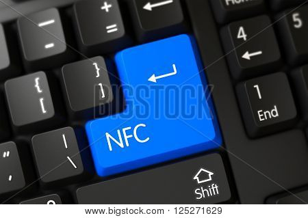 Concepts of NFC, with a NFC on Blue Enter Button on Computer Keyboard. NFC Concept. PC Keyboard with NFC on Blue Enter Button Background, Selected Focus. 3D Illustration.