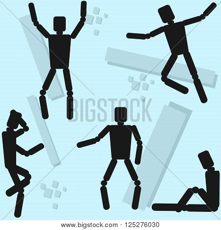 Human Body Mannequin Wooden Dummy Doll Different Poses Flat Vector Illustration