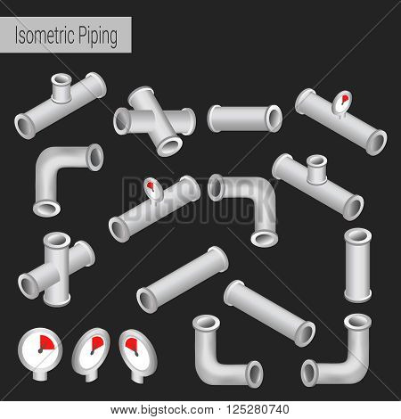Vector 3d flat isometric illustration collection of detailed Construction Pieces: pipes fittings gate valve faucet ells.