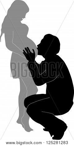 Male kissing the belly of a pregnant woman. Silhouette on white background