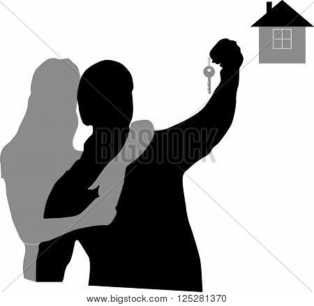 Woman hugging man from behind. Silhouette on white background
