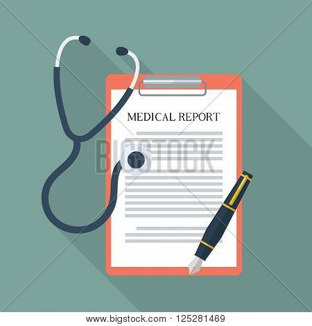 Medical report with stethoscope and pen. Flat style with long shadow