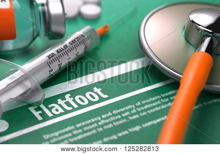 Flatfoot - Medical Concept on Green Background with Blurred Text and Composition of Pills, Syringe and Stethoscope. 3D Render.