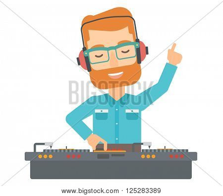 Smiling DJ with console.
