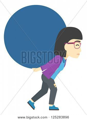 Woman carrying big ball.