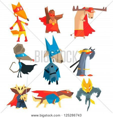 Super Hero Animals Flat Geometrical Design Vector Icon Collection On White Background