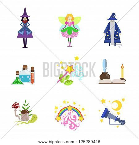 Fairytale Characters And Related To Them Objects Set Of Flat Vector Icons In Cute Girly Style Isolated On White Bckground