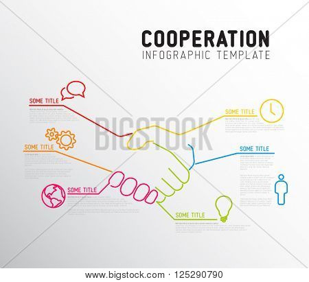 Vector Infographic cooperation report template made from lines and icons with handshake