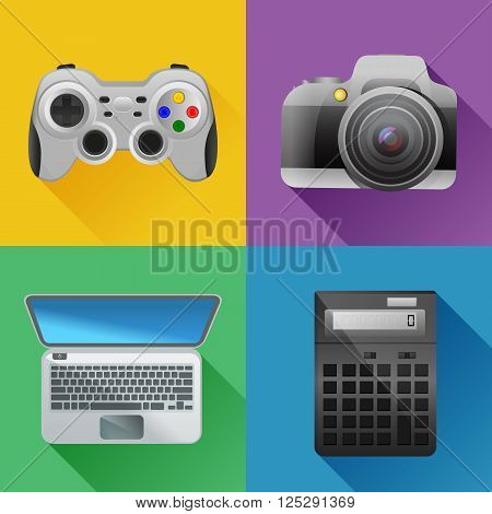 Vector colorful flat icon set with long shadow. Design elements for web sites, printed materials, infographics.