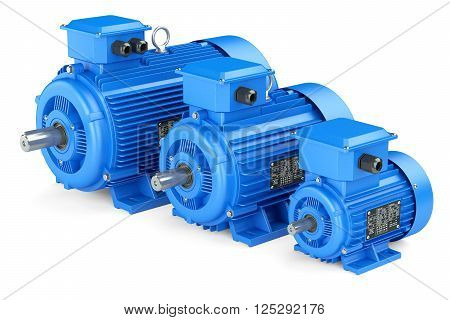 Group Of Blue Electric Industrial Motors. Isolated On White Background 3D
