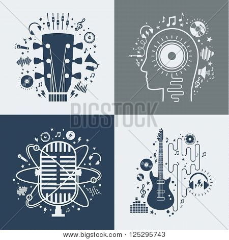 Set of vector music illustrations. Vector music icons for audio store recording studio label podcast and radiostation branding and identity. Creativity and inspiration music icons