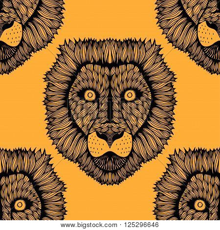 Seamless lion safari doodle illustration background pattern in vector. Black and yellow.