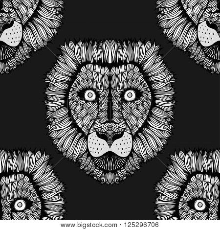 Seamless lion safari doodle illustration background pattern in vector. Black and white.