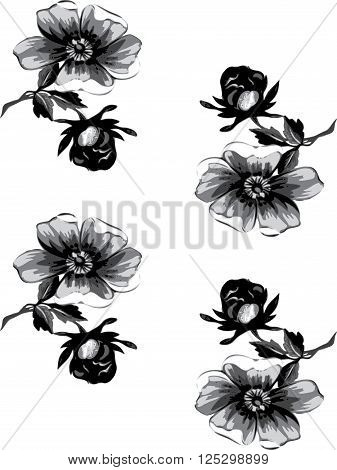 seamless floral vintage grunge background. Branch with roses pattern. Grayscale Colorful Vector illustration.