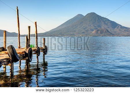 Early morning light on two volcanoes Atitlan & Toliman at Lake Atitlan, Guatemala.