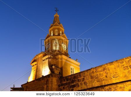 CARTAGENA COLOMBIA - FEB 04 : The Clock tower in the entrance to the old town of Cartagena Colombia on Februery 04 2016. The historic port city Cartagena is UNESCO World Heritage Site since 1984.