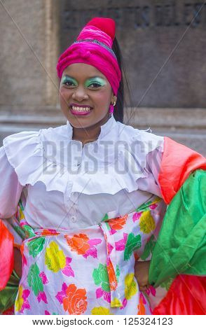 CARTAGENA COLOMBIA - FEB 04 : Street performer in Cartagena Colombia on February 04 2016. The historic port city Cartagena is UNESCO World Heritage Site since 1984.