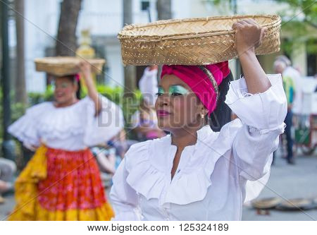 CARTAGENA COLOMBIA - FEB 04 : Street performers in Cartagena Colombia on February 04 2016. The historic port city Cartagena is UNESCO World Heritage Site since 1984.