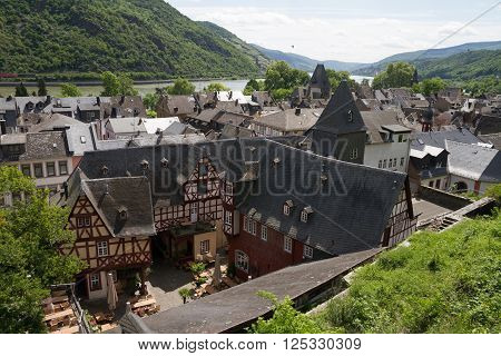 Bacharach Germany - May 19 2015: Architecture high view of the old fortified town in the Rhine Valley that is UNESCO World Heritage Site Germany.