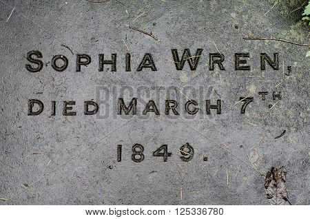 BATH, UK - APRIL 11 2016 
Sophia Wren's gravestone. Name and date engraved on the gravestone of the great granddaughter of the celebrated British architect in churchyard in Bath Somerset UK