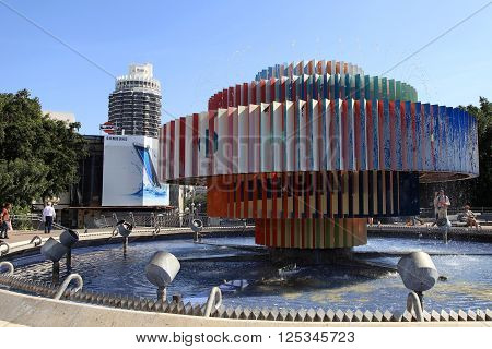 TEL AVIV, ISRAEL- APRIL 7, 2016: Cityscape with modern fountain 