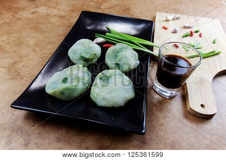 Allium tuberosum. Garlic chives with soy source. Dim sum is chinese cuisine. Dimsum.